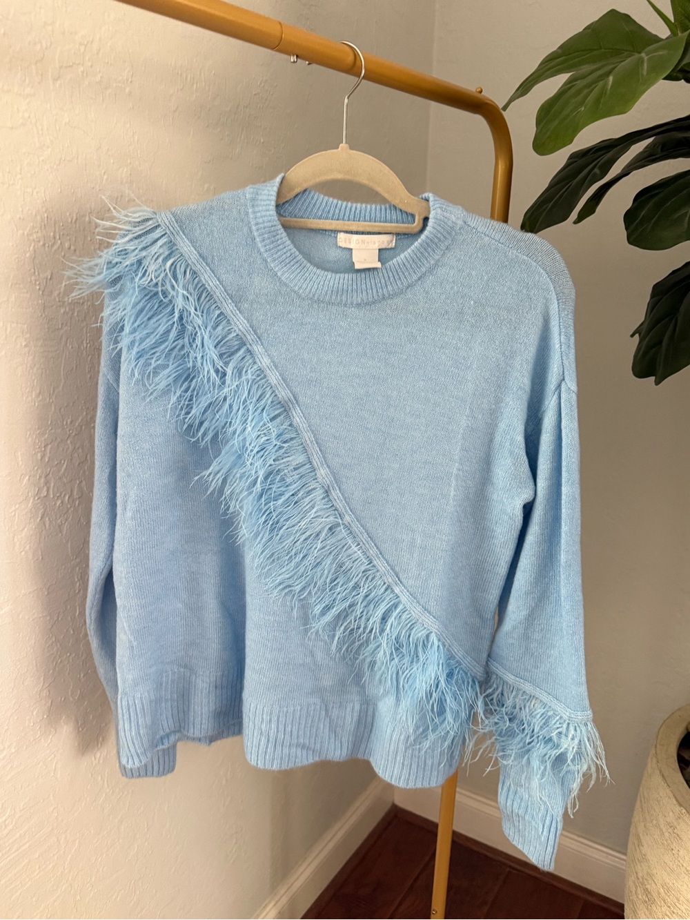 Design History Light Blue Feather-Trim Crewneck Sweater